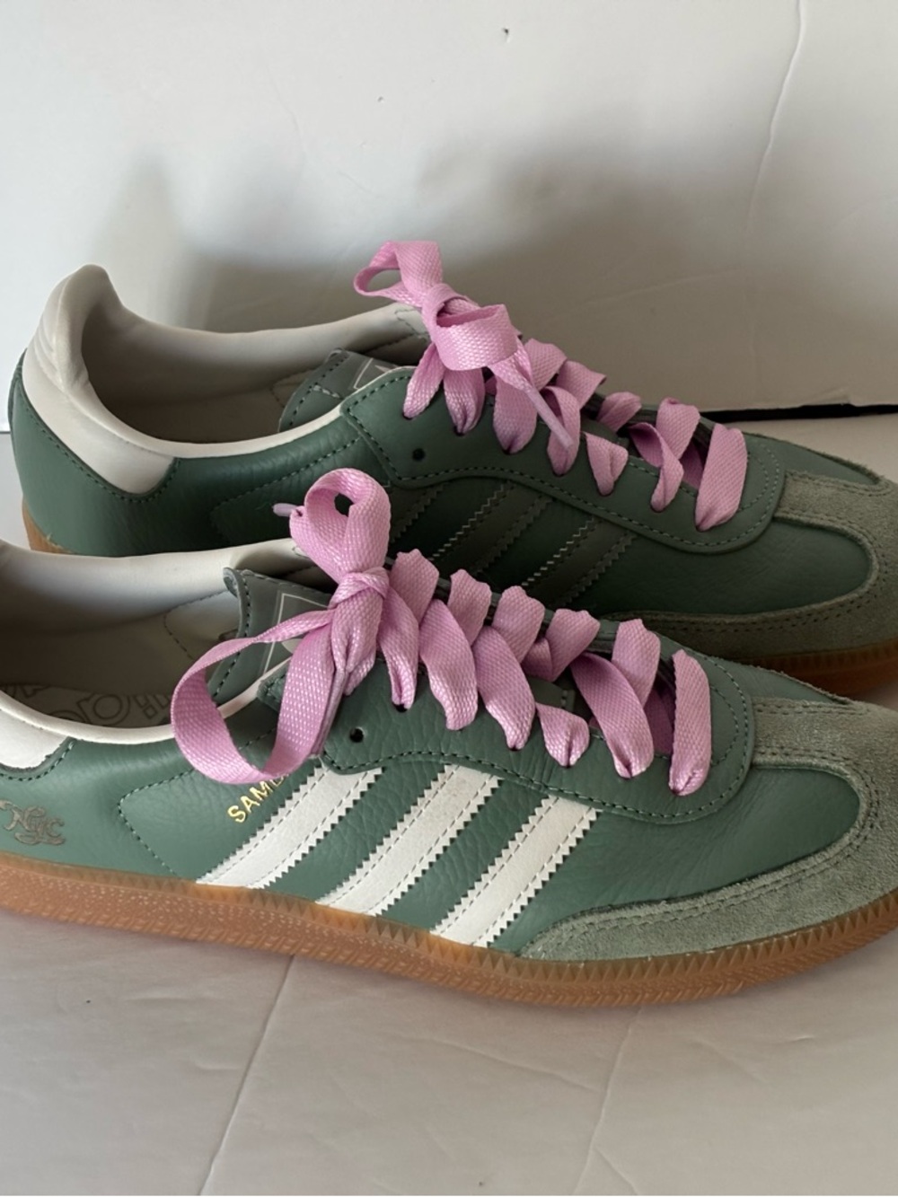 adidas ,Samba, Green Suede & Leather Sneakers with Pink Laces - Picture 2 of 6